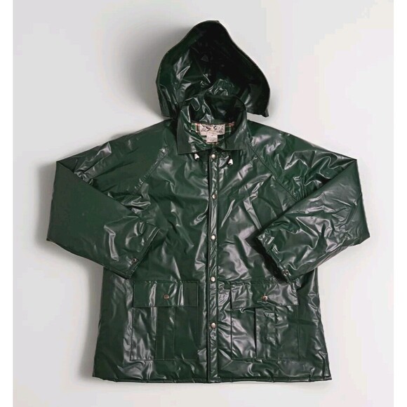 Duck Bay Raincoat PVC Rain Jacket Mens Medium Hooded Insulated Plaid Lined Green - Picture 1 of 12